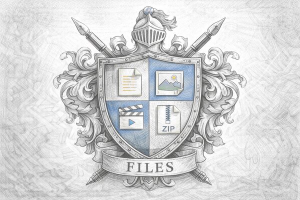 Heraldic shield illustrated with file-type icons, rendered as a coat of arms for brand assets