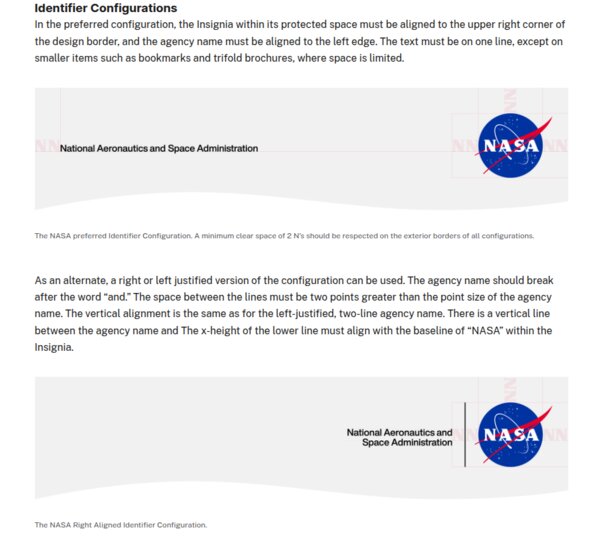 NASA brand guidelines page showing the Insignia, Logotype and typography rules