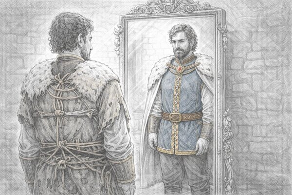 Illustration of a nobleman in tattered clothes whose mirror reflection shows a polished, regally-dressed version of himself
