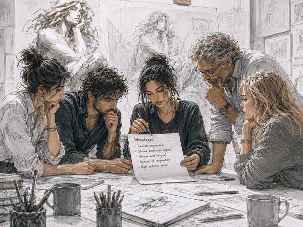 Pencil-sketch illustration of a creative team huddled around a studio table, reading a single page of notes together.