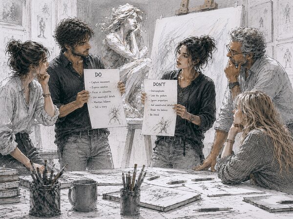 Pencil-sketch illustration of two designers holding up two sheets headed DO and DON'T while their team reviews them in a studio.