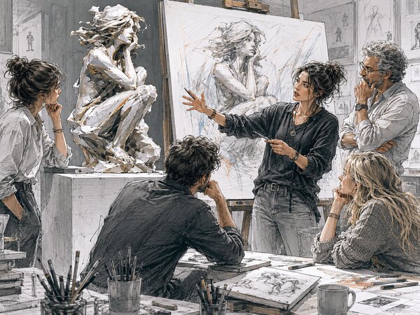 Pencil-sketch illustration of a creative team in a studio, one member presenting at a large drawing while the others listen, a sculpture and sketches around them.