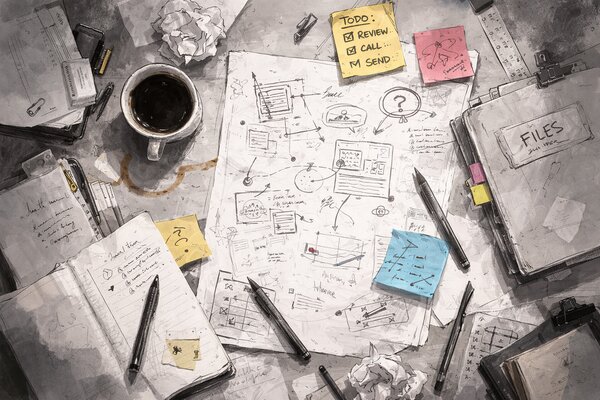 Messy desk with scattered papers and folders illustrating file management chaos