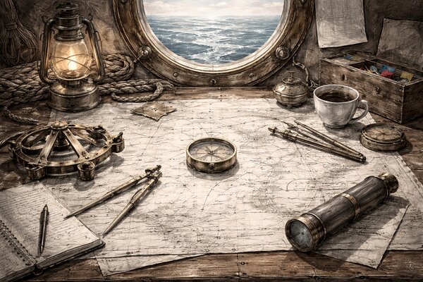 Ship navigation table with organized charts and instruments — when you navigate something complex, your tools need to be where you expect them