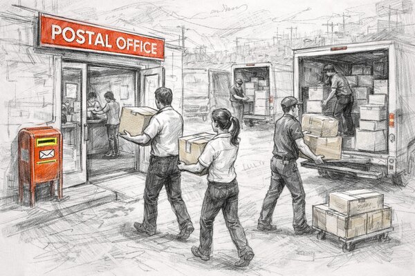 Busy postal office with workers sorting and delivering packages — a structured system for receiving and routing deliveries