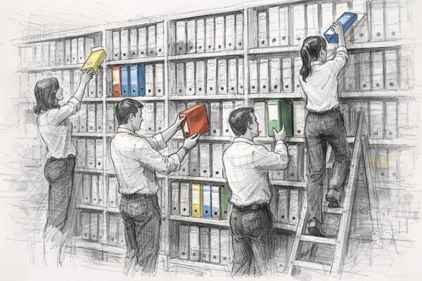 Team organizing colorful binders on shared shelves — everyone placing and retrieving files from the same location