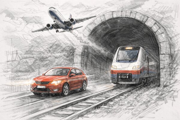 Multiple transport channels converging — car, train, and airplane representing different ways to deliver files