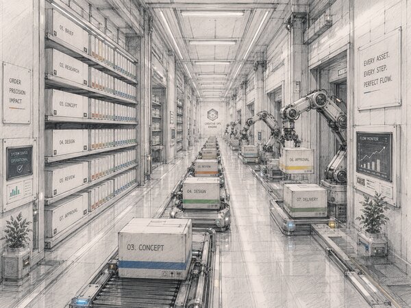 Pencil illustration of an automated conveyor and robotic arms moving labeled boxes through seven stages, brief to delivery, beneath a sign reading 'creative ops engine: every asset, every step, perfect flow'.