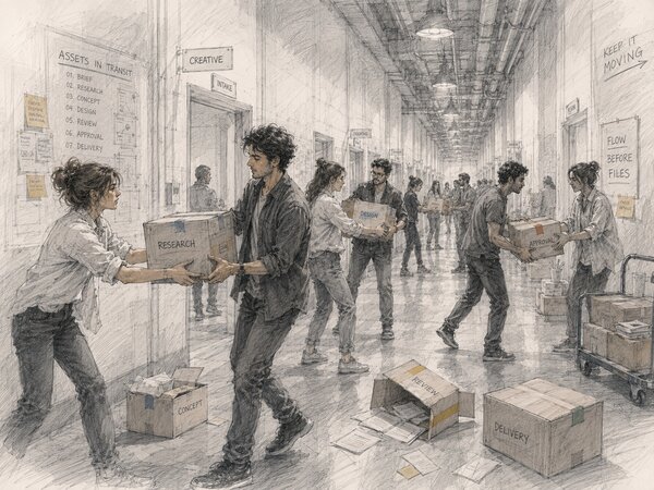 Pencil illustration of office workers hand-carrying labeled boxes — research, design, approval, delivery — down a busy corridor, under signs reading 'flow before files' and 'keep it moving'.