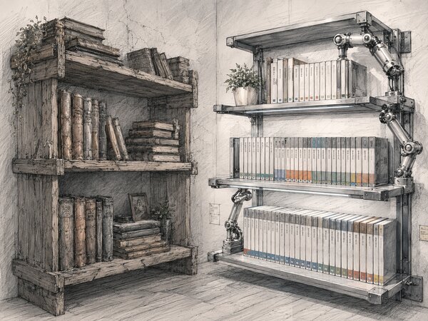 Split pencil illustration: a messy rustic wooden bookshelf of piled books on the left, a precise robot-tended shelving system with neatly labeled files on the right.
