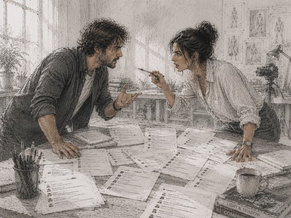 Pencil-sketch illustration of two colleagues leaning across a desk strewn with printouts, pointing and arguing over which version was signed off
