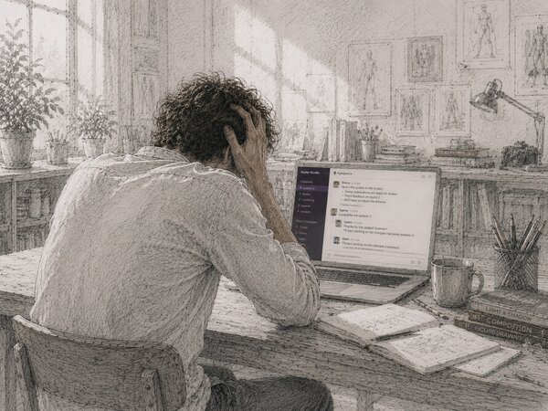 Pencil-sketch illustration of a person slumped at a desk, hand in their hair, scrolling back through a long chat history on a laptop