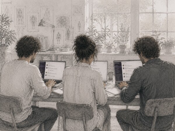 Pencil-sketch illustration of three teammates sitting side by side at one desk, each on a laptop showing a chat app