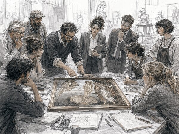 Pencil illustration of a crowd in aprons and suits around a table, looking down at a framed painting as one man points at it.