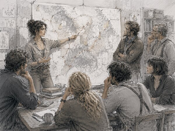 Pencil illustration of a woman at a large wall map, pointing at a winding marked route while a seated group watches.
