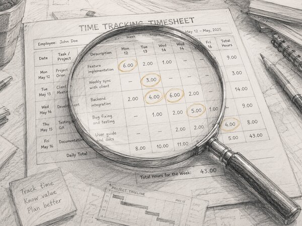 Sketch of a magnifying glass held over a hand-drawn time-tracking timesheet with several logged hours circled.