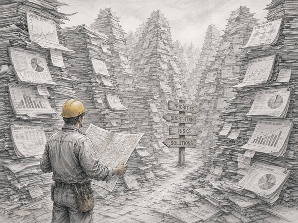 Sketch of a worker in a hard hat consulting a map among towering piles of paperwork, beside a signpost pointing to priorities, risks, and solutions.