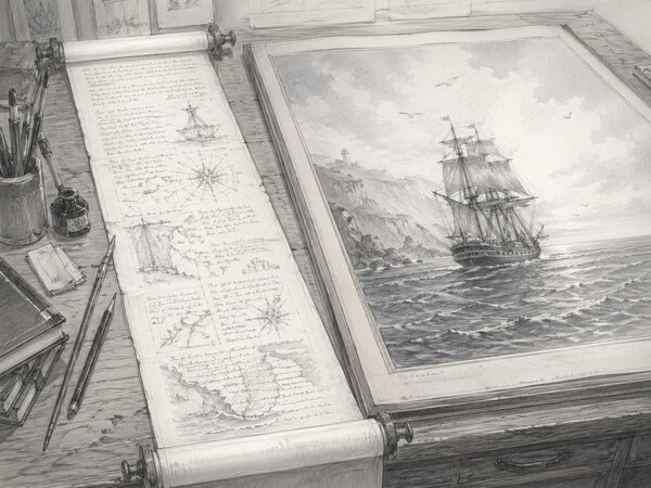 A pencil illustration of a wooden writing desk: an unrolled scroll covered in handwritten notes, ship sketches, and a compass rose lies beside a framed drawing of a tall ship under full sail. The brief on the left, the work shipped on the right.