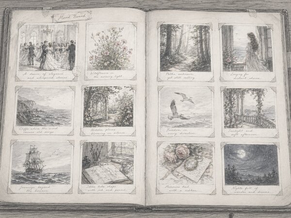 An open mood-board album with twelve small pencil illustrations arranged across two facing pages — landscapes, figures, a tall ship, a balcony of flowers, a moonlit valley — each one annotated with a handwritten caption explaining the mood it carries.