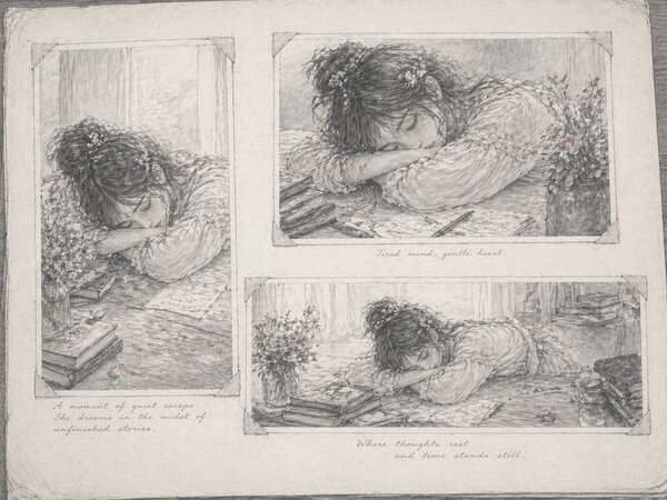 Three pencil sketches of the same subject — a young woman resting on a writing desk by an open window — drawn in three different framings: a vertical portrait, a landscape composition, and a tighter square. Each sketch carries its own handwritten caption.