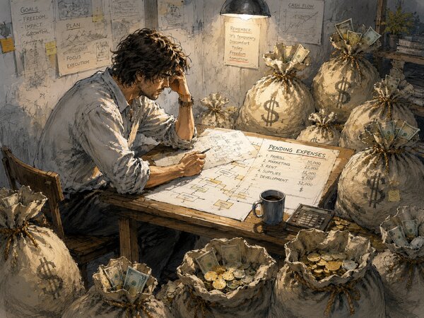 Illustration of a man at a desk working a handwritten expenses list with a calculator, money bags stacked around him.