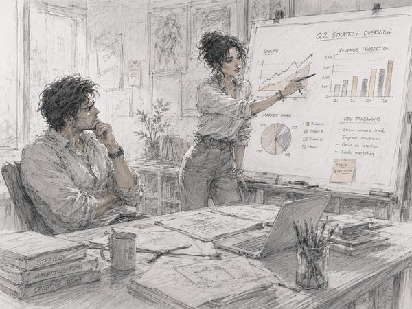 Illustration of a woman presenting a strategy board of growth and revenue charts to a seated colleague weighing the pitch.
