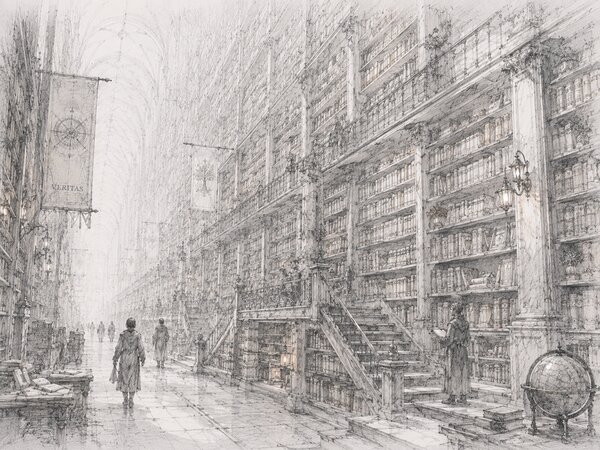 Tall library shelves filled with hardback reference books receding into the distance.