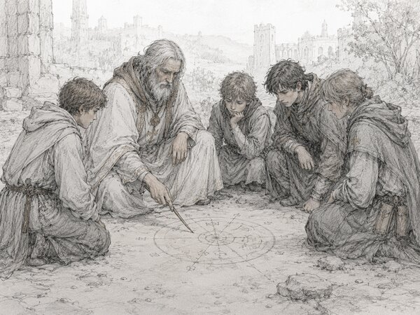 Pen-and-ink illustration of an elder crouched on the ground with a small group, drawing a circular plan in the dirt with a stick while four others lean in to follow it.