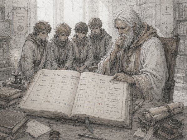 Pen-and-ink illustration of an elder at a desk studying a large open ledger that lists names against columns of star ratings, while four people read over the page.