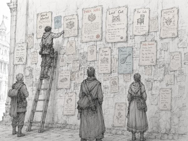 Pen-and-ink illustration of a town wall papered with handwritten notices — work wanted, deliveries, rooms for rent, a lost cat — as one figure climbs a ladder to pin up another and three onlookers read.