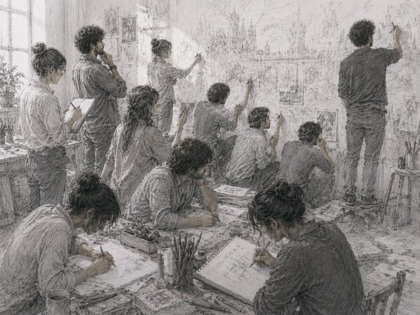 Pencil-style illustration of a crowded studio where a dozen creatives sketch at tables in the foreground while others draw on a plan-covered back wall.