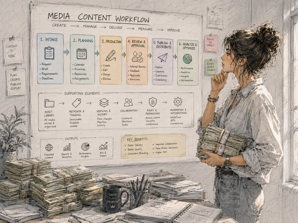 Pencil illustration of a creative ops manager holding a stack of cash while studying a wall-sized media content workflow board mapping six stages: intake, planning, production, review and approval, publish and distribute, analyze and optimize.