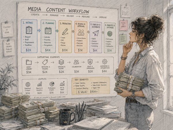 The same media content workflow board, now costed: an illustrative dollar figure written against each of the six stages, each supporting element, and each output, with a ‘$ value: $50K+’ note in the key-benefits panel.