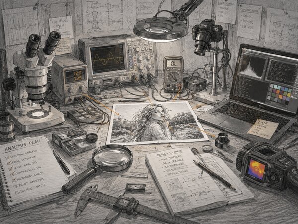 Sketch of a forensic workbench crowded with a microscope, oscilloscope, calipers, and a magnifying glass, all trained on a single photograph beside a handwritten analysis plan.