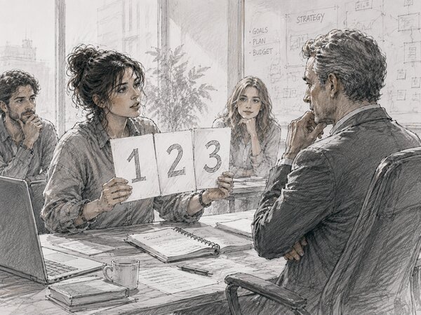 Sketch of a creative ops lead holding up three numbered cards to a CMO across a meeting table, with strategy, goals, plan, and budget notes on the whiteboard behind them.
