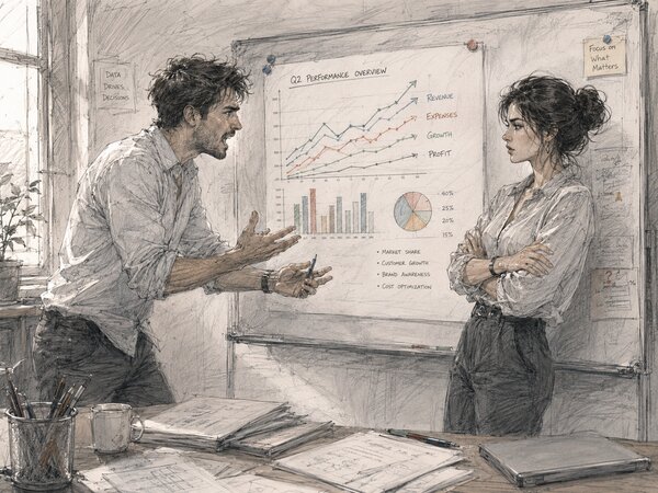 A man in a rolled-sleeve shirt gestures insistently at a colleague who stands with her arms crossed, the two mid-argument in front of a whiteboard covered in Q2 performance charts.