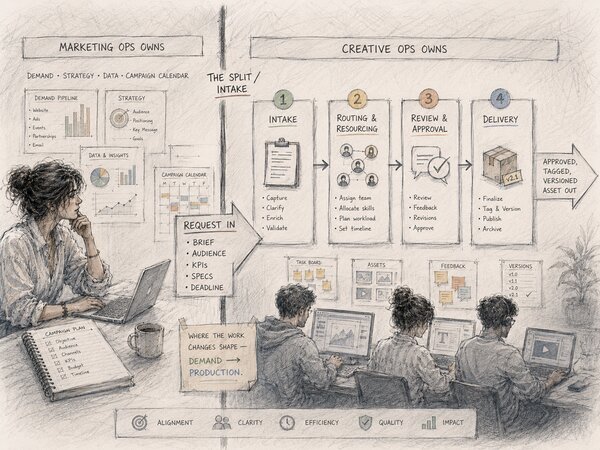 A hand-drawn diagram splitting the org chart at intake: Marketing Ops owns demand, strategy, data, and the campaign calendar on the left; a request crosses the line into Creative Ops, which owns the four-stage pipeline of intake, routing and resourcing, review and approval, and delivery, producing an approved, tagged, versioned asset.