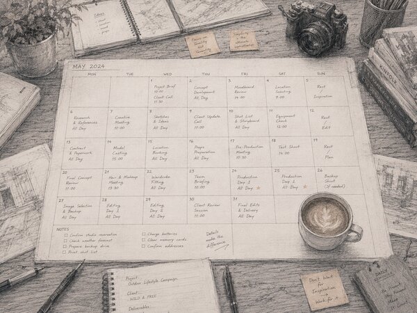 A monthly calendar with each day filled with creative-project tasks — project brief, concept development, location scouting, production days, final edits and delivery — surrounded by notebooks, a camera, and a coffee cup.