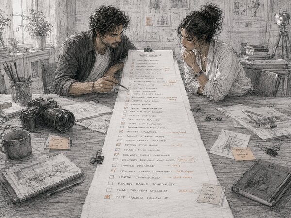 Two creatives at a desk working through a long project checklist, items ticked off line by line — assets uploaded, delivery deadline confirmed, payment terms, review round scheduled, post-project follow-up.