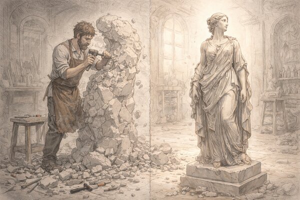 Pencil-drawn illustration of a sculptor chiseling a rough block of stone on the left, with a finished elegant statue revealed on the right