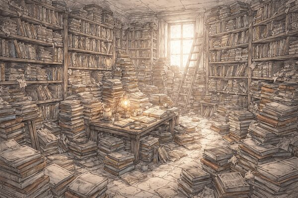 Pencil-drawn illustration of a cluttered library room overflowing with stacks of books, a glowing lantern on a desk, and a ladder leaning against floor-to-ceiling shelves