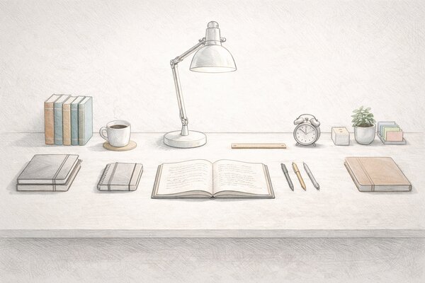 Pencil-drawn illustration of a clean, organized desk with neatly arranged notebooks, an open book, a desk lamp, a cup of coffee, and a small plant