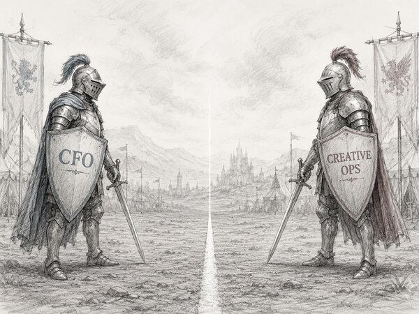 Pencil-sketch illustration of two armoured knights facing each other across a dividing line, the left knight bearing a shield lettered CFO and the right a shield lettered CREATIVE OPS, with banners and a distant castle behind them