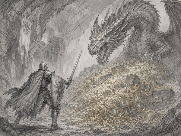Pencil-sketch illustration of an armoured knight raising a sword and shield before a large dragon coiled on a hoard of gold coins and treasure chests inside a cavern