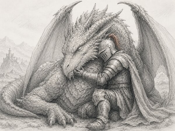 Pencil-sketch illustration of an armoured knight kneeling and resting his head against the snout of a large calm winged dragon, with mountains and a distant castle behind them