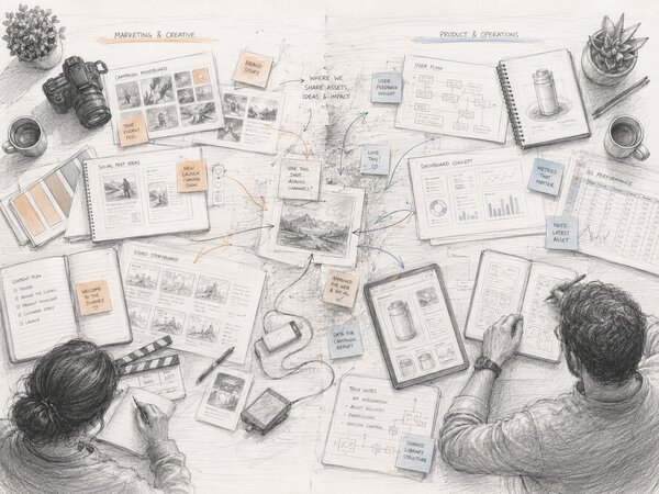 Bird's-eye pencil-sketch illustration of two people working at a shared table: left side labelled Marketing and Creative with campaign materials and a film clapper, right side labelled Product and Operations with dashboards and data, sticky notes marking where the two teams overlap.