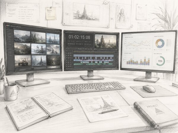 Pencil-sketch illustration of a triple-monitor workstation: left screen shows a DAM asset grid, centre screen shows a video timeline editor with timecode, right screen shows analytics dashboards, with project notebooks on the desk.