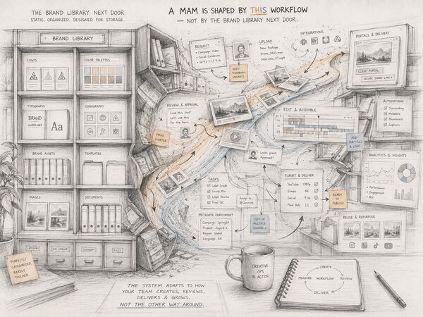 Pencil-sketch illustration contrasting a tidy brand-library bookshelf labelled DAM on the left with a sprawling MAM workflow diagram on the right, showing request, review, edit, export, and delivery stages with annotations.