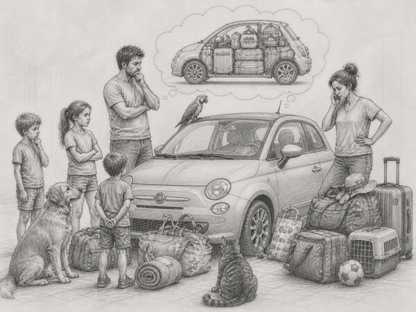 Pencil-drawn illustration of a family standing around a tiny city car surrounded by far too much luggage, pets, and gear — with a thought bubble showing the same car crammed full inside, the wrong vehicle for their actual needs.