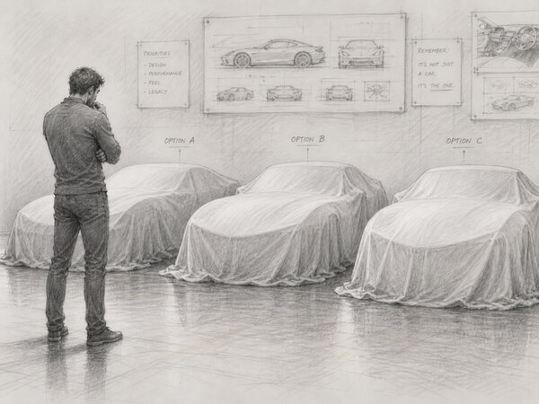 Pencil-drawn illustration of a man seen from behind, hand on chin, considering three covered cars labelled Option A, Option B, and Option C in a showroom — with a priorities list and design sketches pinned to the wall behind him.